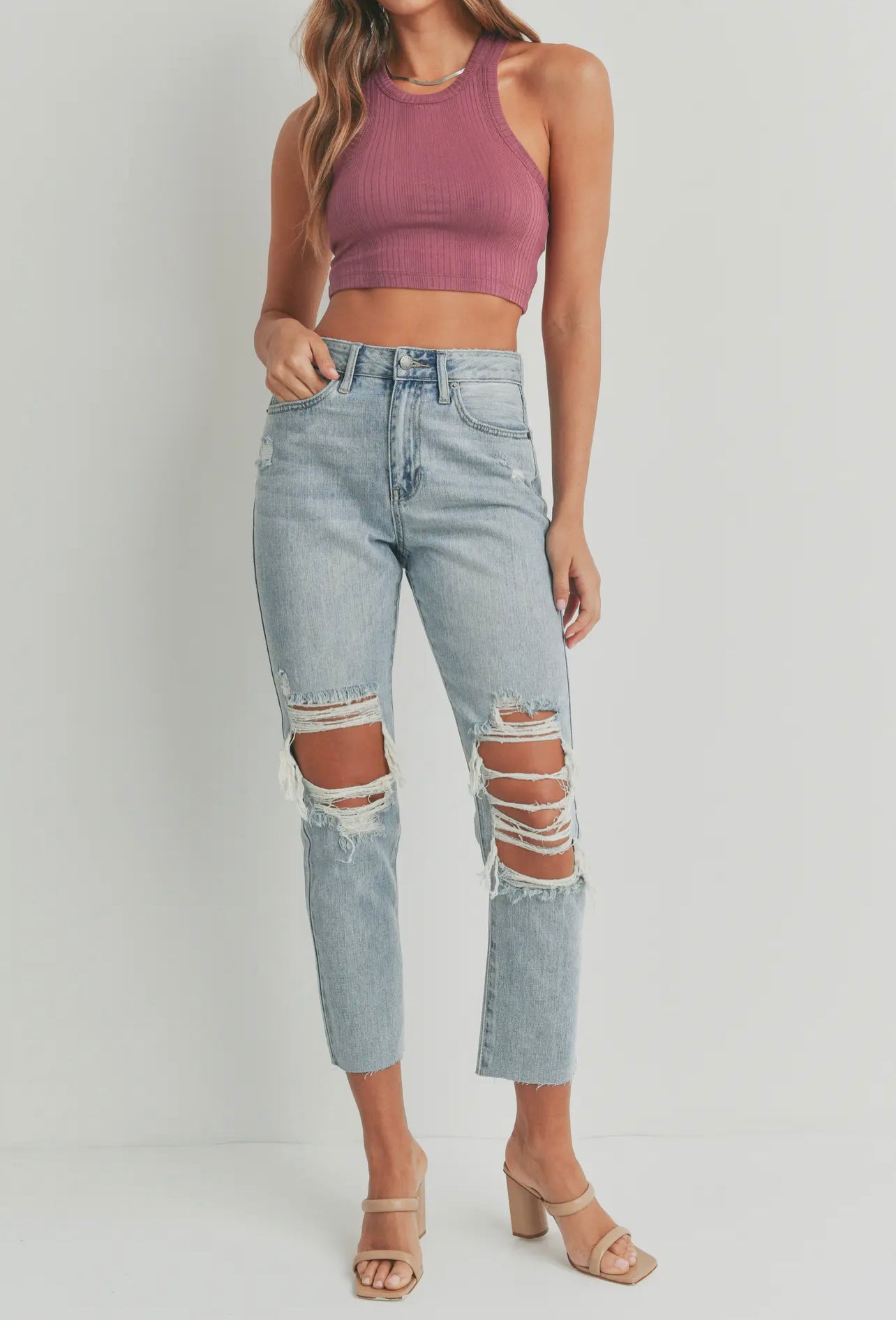 Chelsea High Rise Distressed Straight Jeans